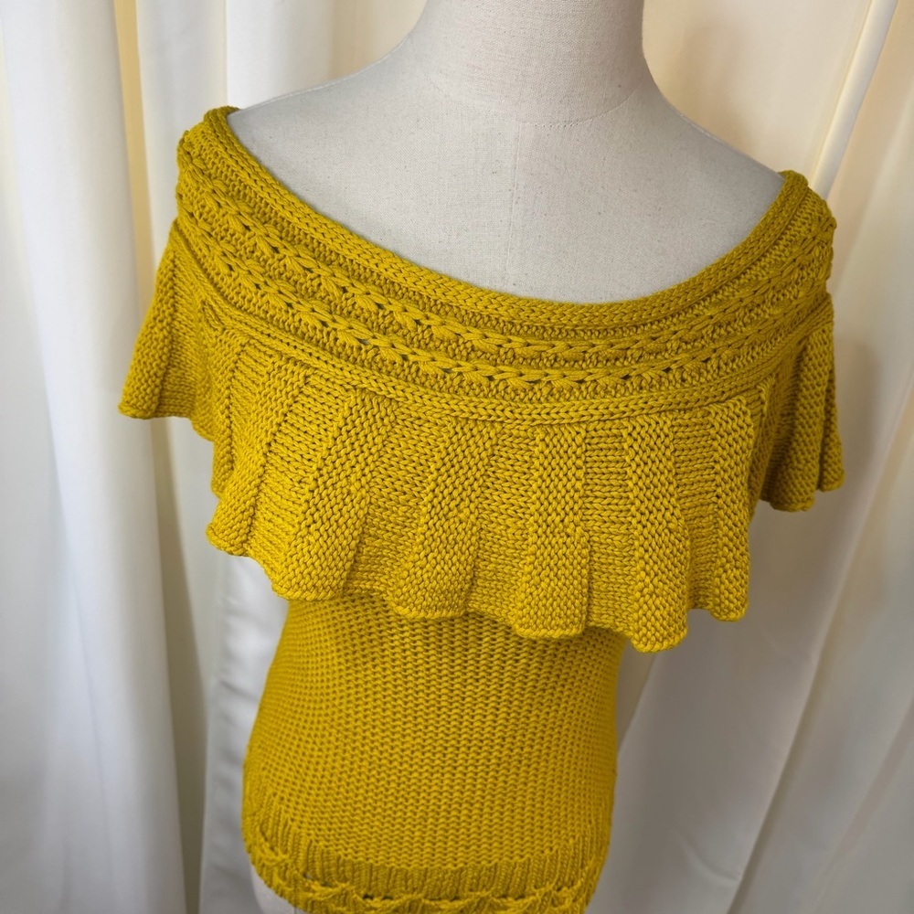 Anthropologie Mustard Yellow Ruffled Off-The-Shoulder Crocheted Sweater Size XS - Picture 5 of 16